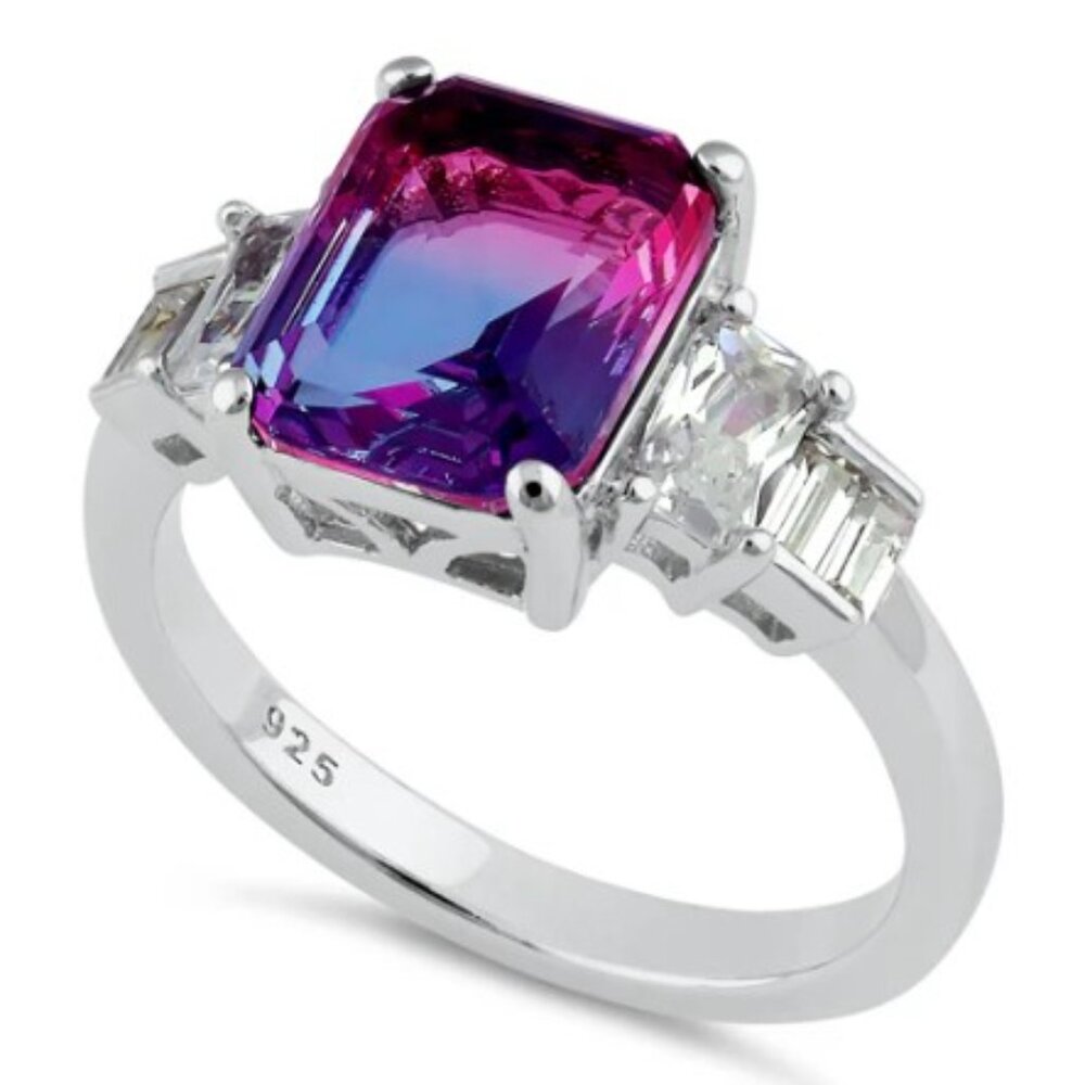 925 STERLING SILVER Bicolor Cubic Zirconia & Baguette Ring Blue & Pink - Picture 16 of 16
